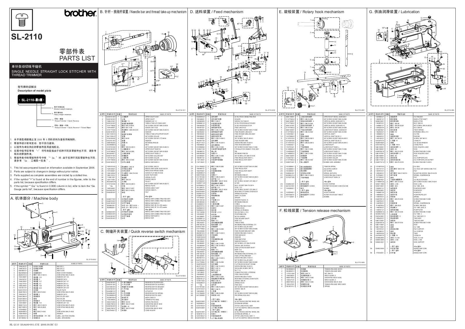 Brother SL-2110 Parts List