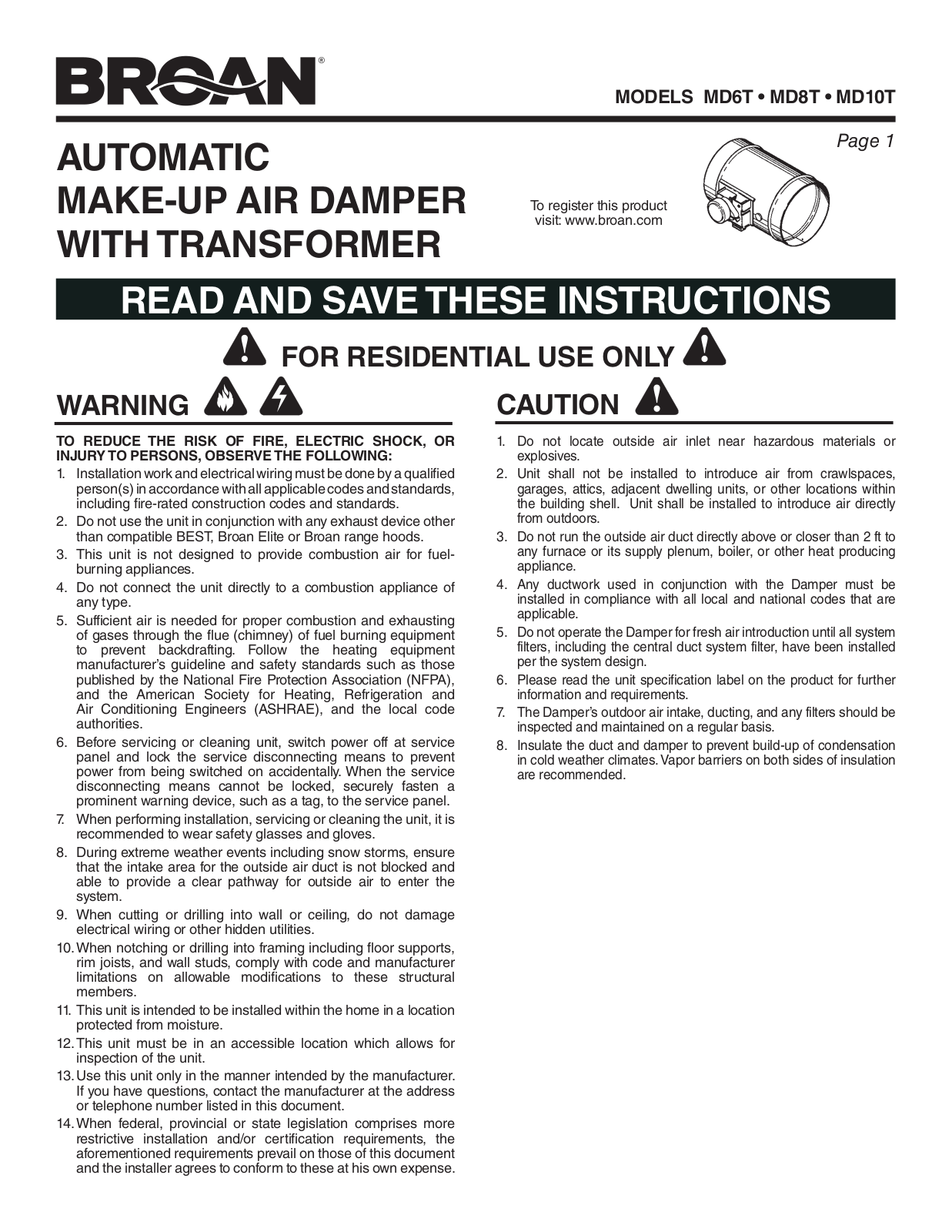 Broan MD8T, MD6T, MD10T User Manual