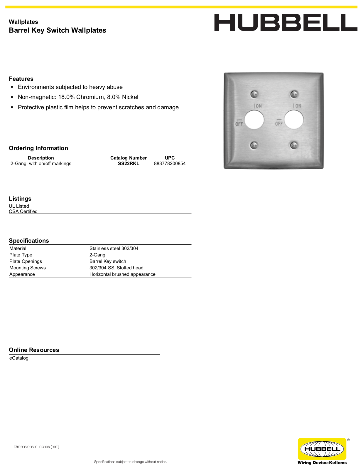 Hubbell SS22RKL Specifications