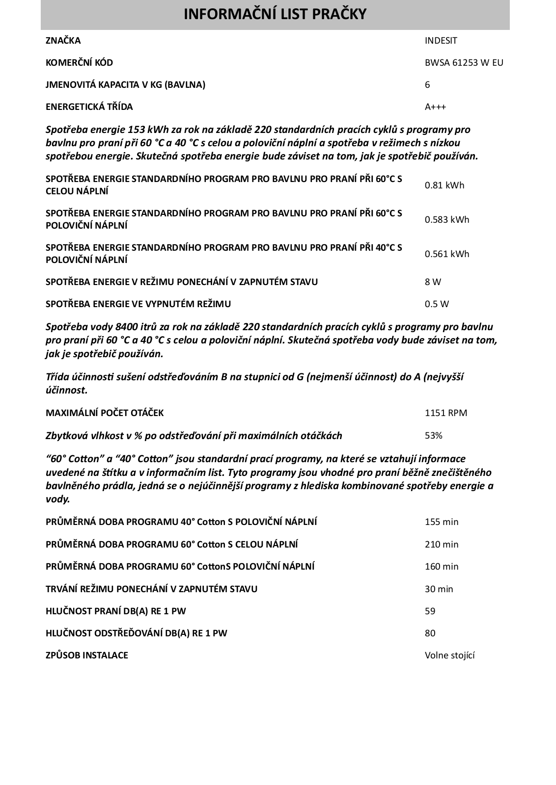 Indesit BWSA61253WEU Information sheet