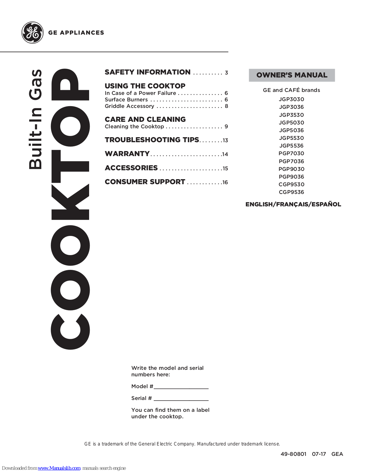 GE JGP3030, JGP3036, JGP3530, JGP5030, JGP5036 Owner's Manual