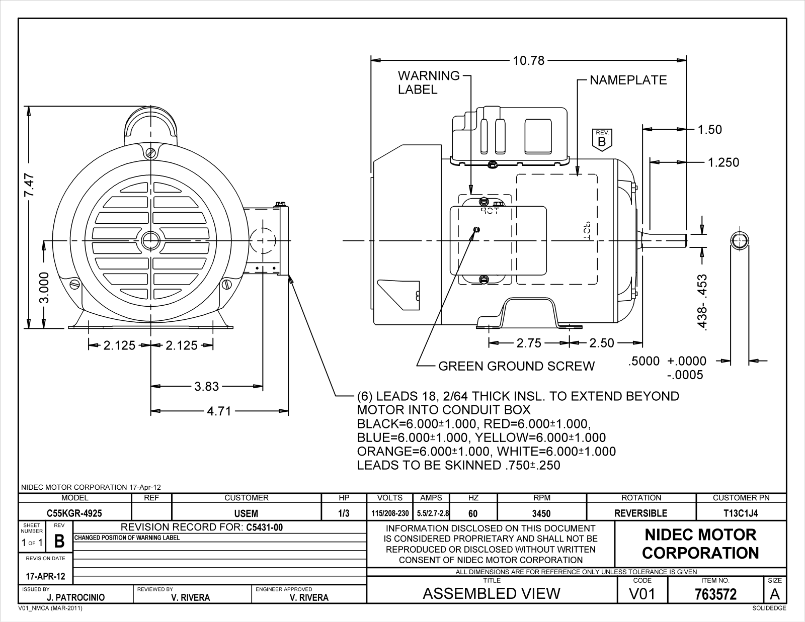 US Motors T13C1J4 Dimensional Sheet