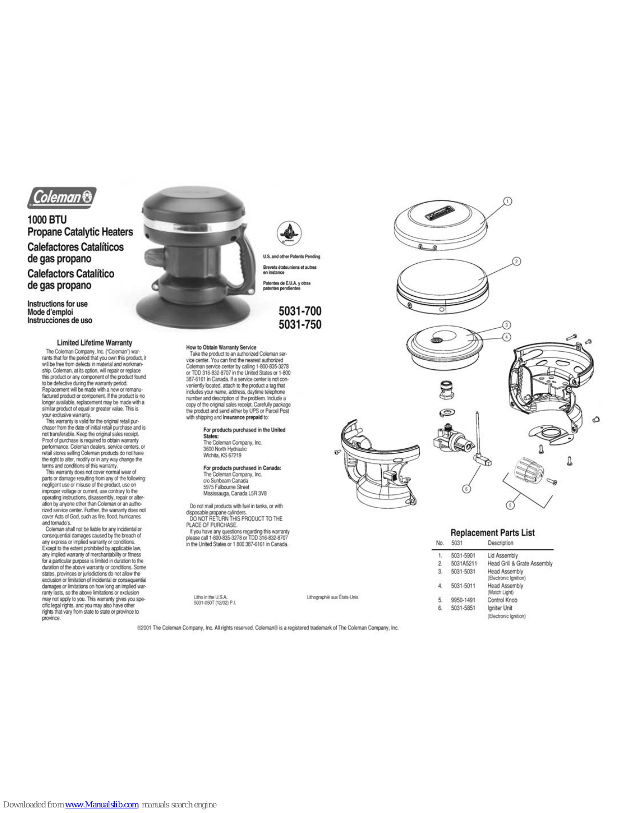 Coleman 5031-700, 5031-750 Instructions For Use Manual