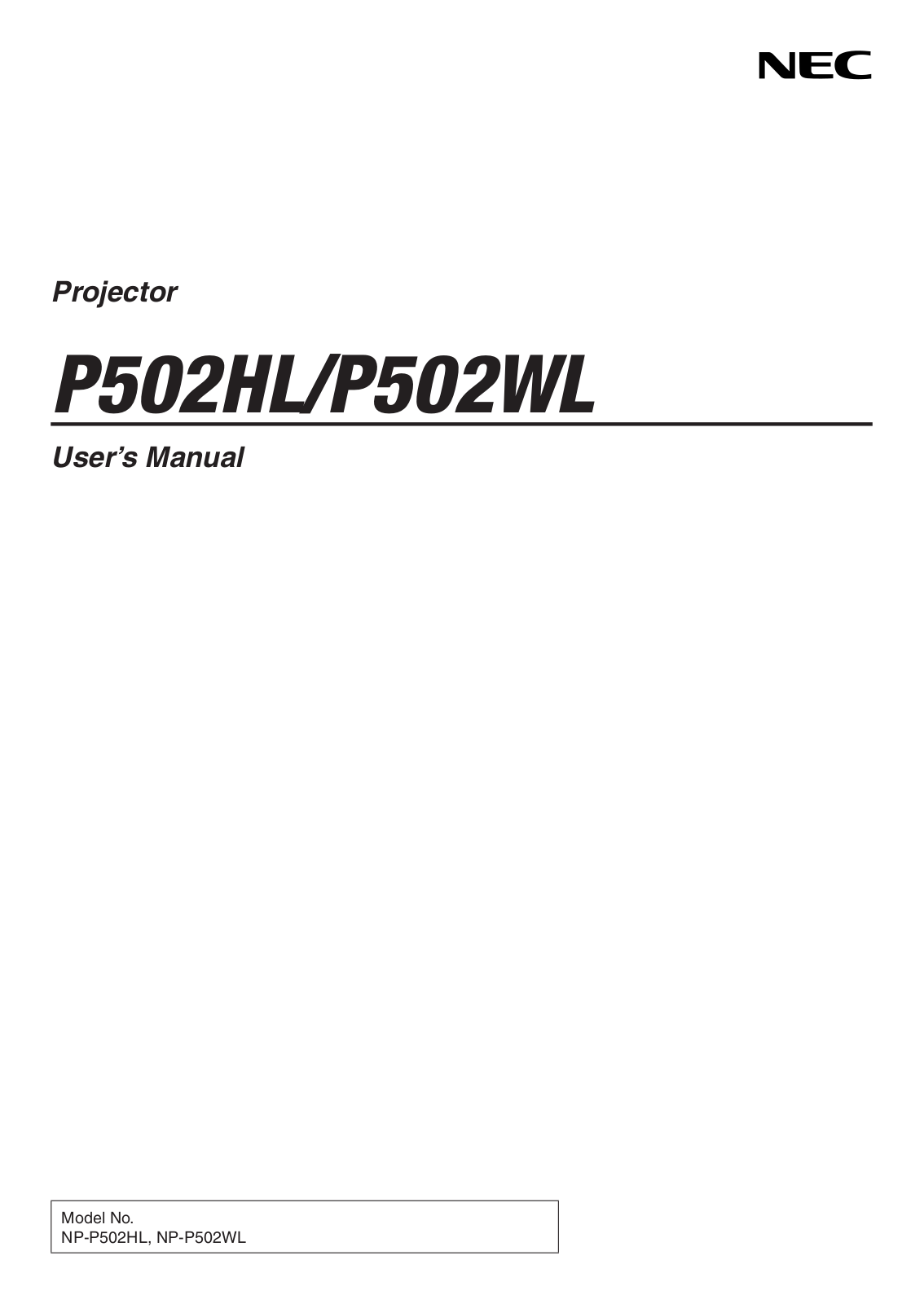 NEC P502WL, P502HL User Manual