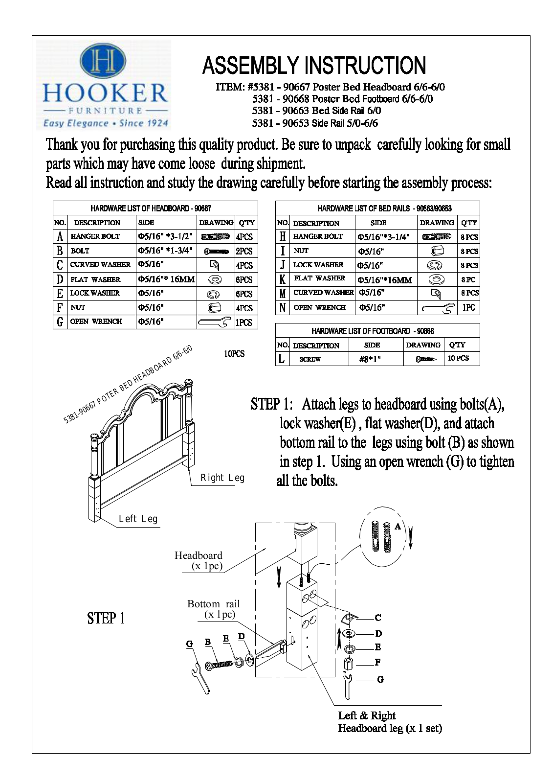 Hooker Furniture 538190666, 538190660 Assembly Guide