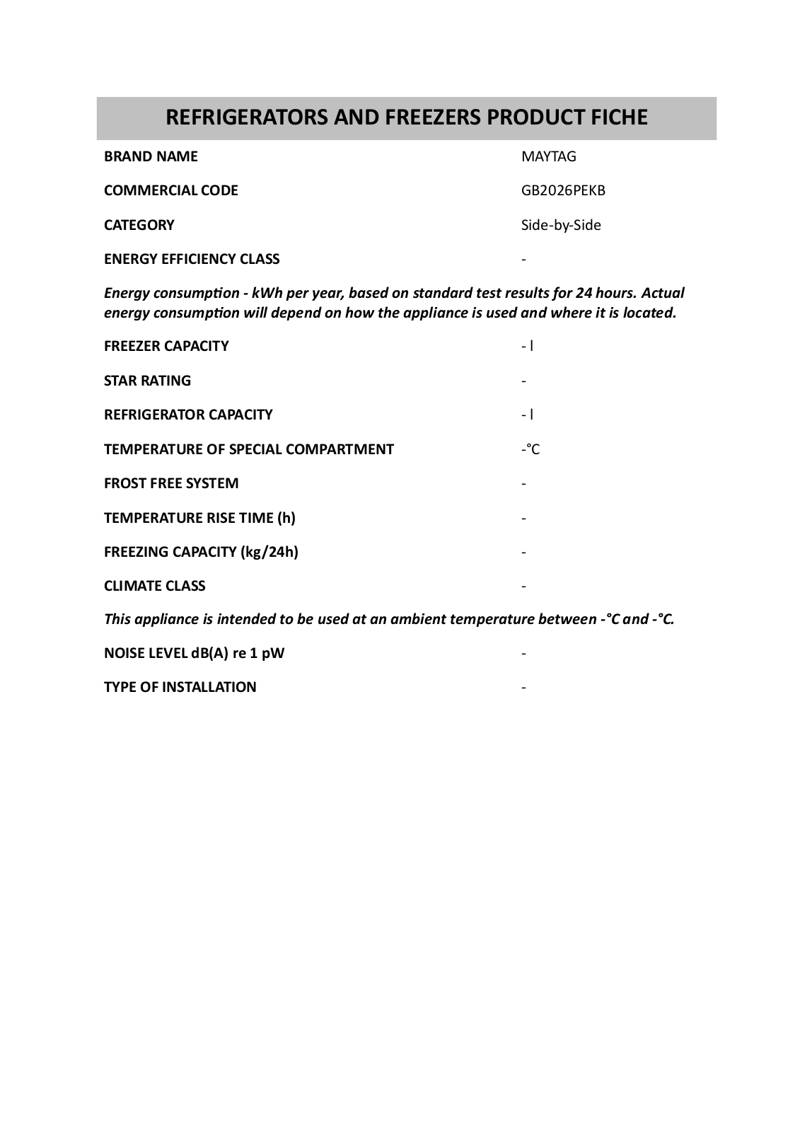 Whirlpool GB2026PEKB Product Sheet