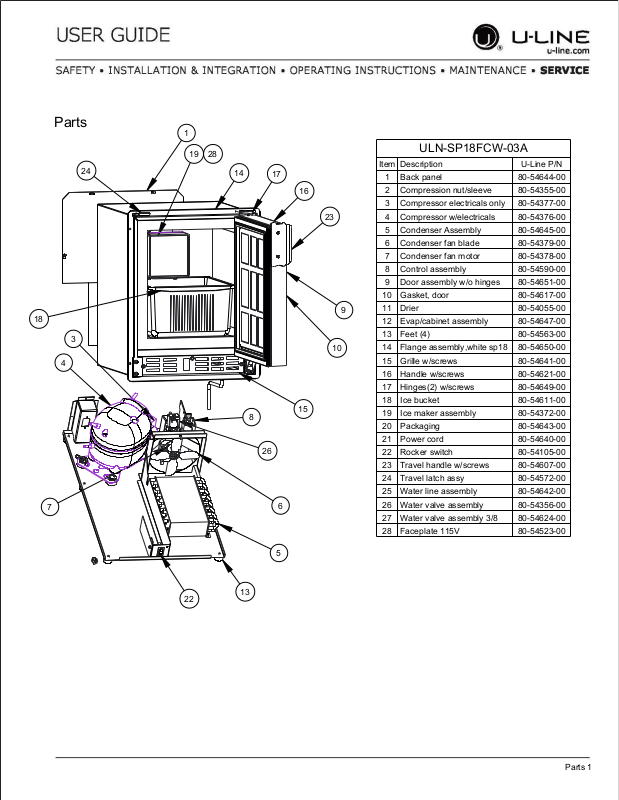 U-Line ULN-SP18FCW-03A Parts List