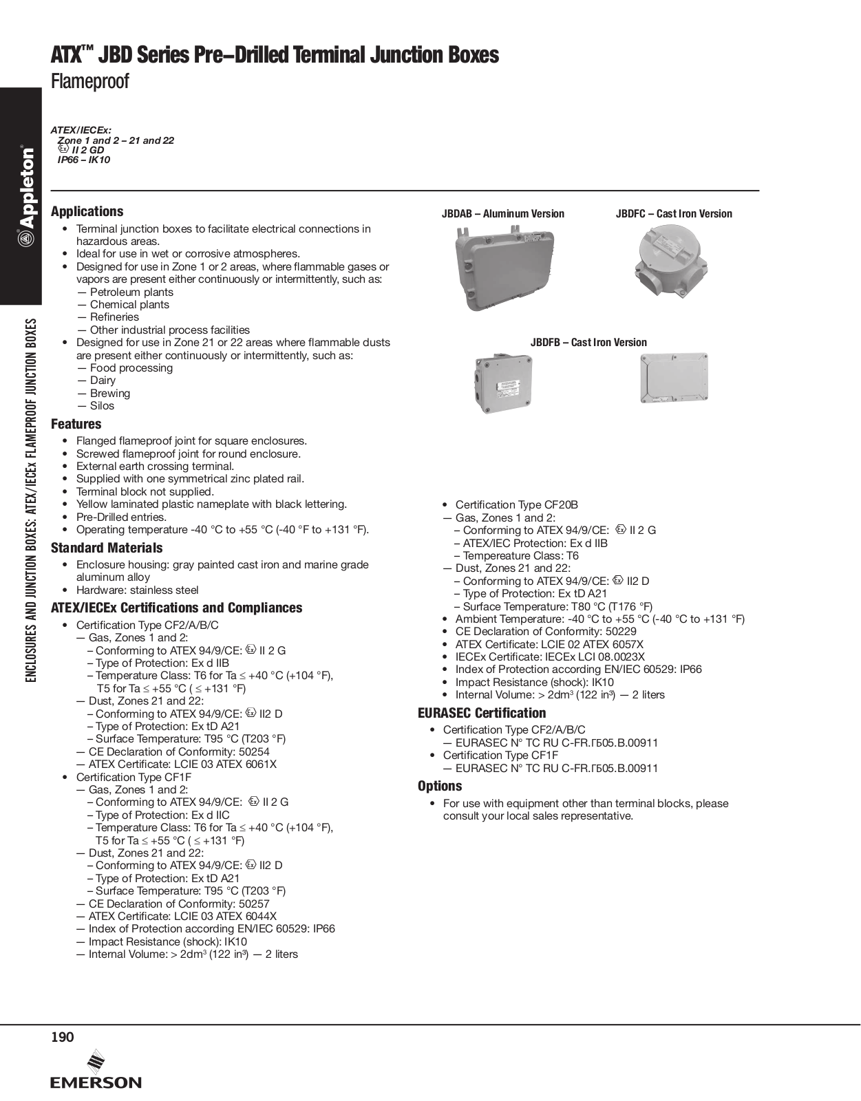 Appleton ATX™ JBD Series Pre-Drilled Terminal Junction Boxes Catalog Page