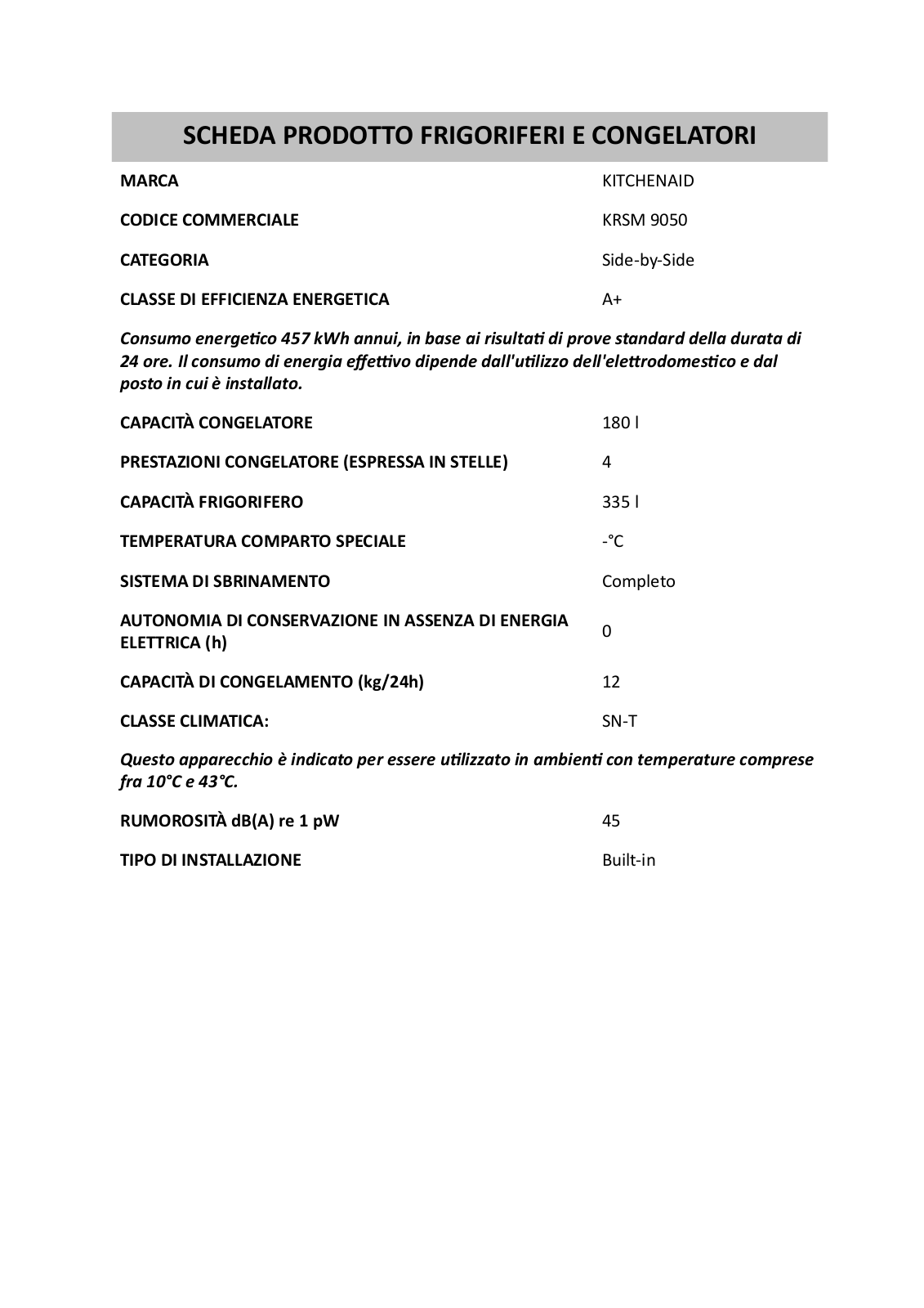 Whirlpool KRSM 9050 PRODUCT SHEET