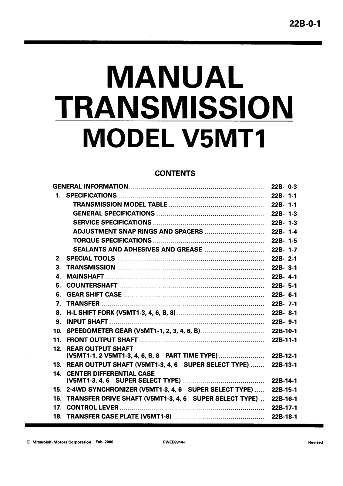 Mitsubishi V5MT1, PWEE8914-ABCDEFGHI 22B Service manual
