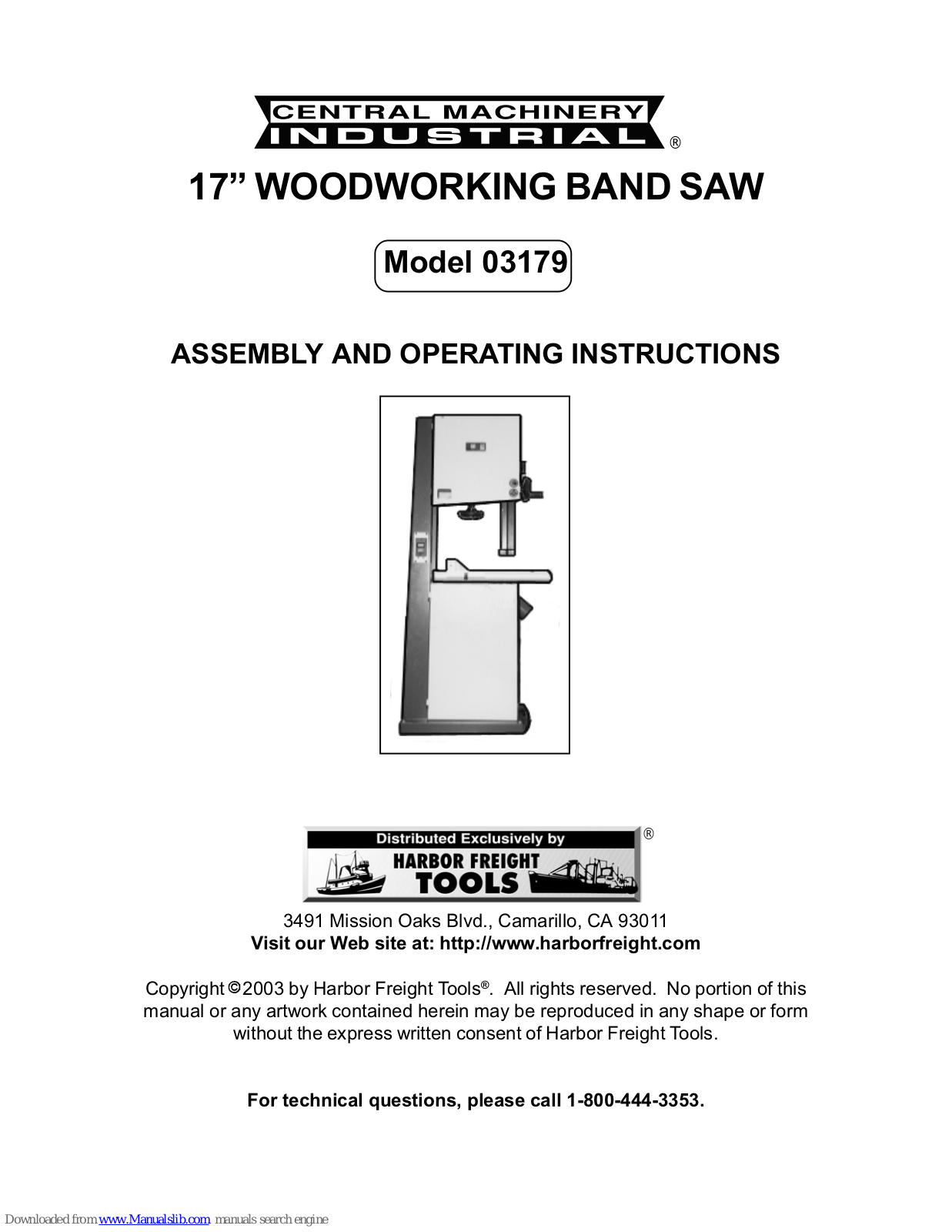 Central Machinery 03179 Assembly And Operating Instructions Manual