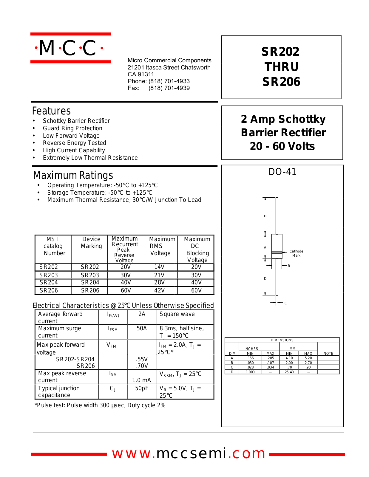 MCC SR202, SR203, SR204, SR206 Datasheet