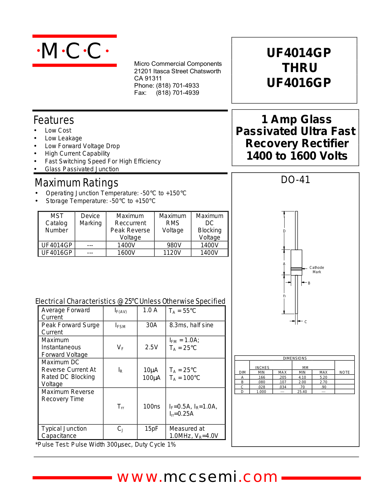 MCC UF4016GP, UF4014GP Datasheet