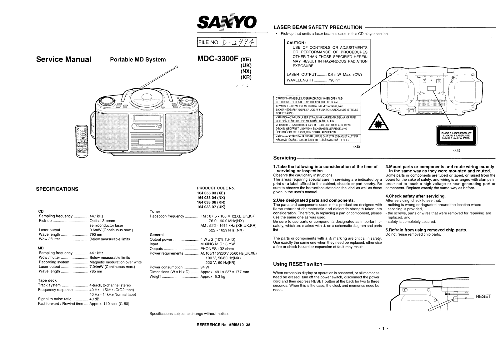 Sanyo MDC-3300-F Service manual