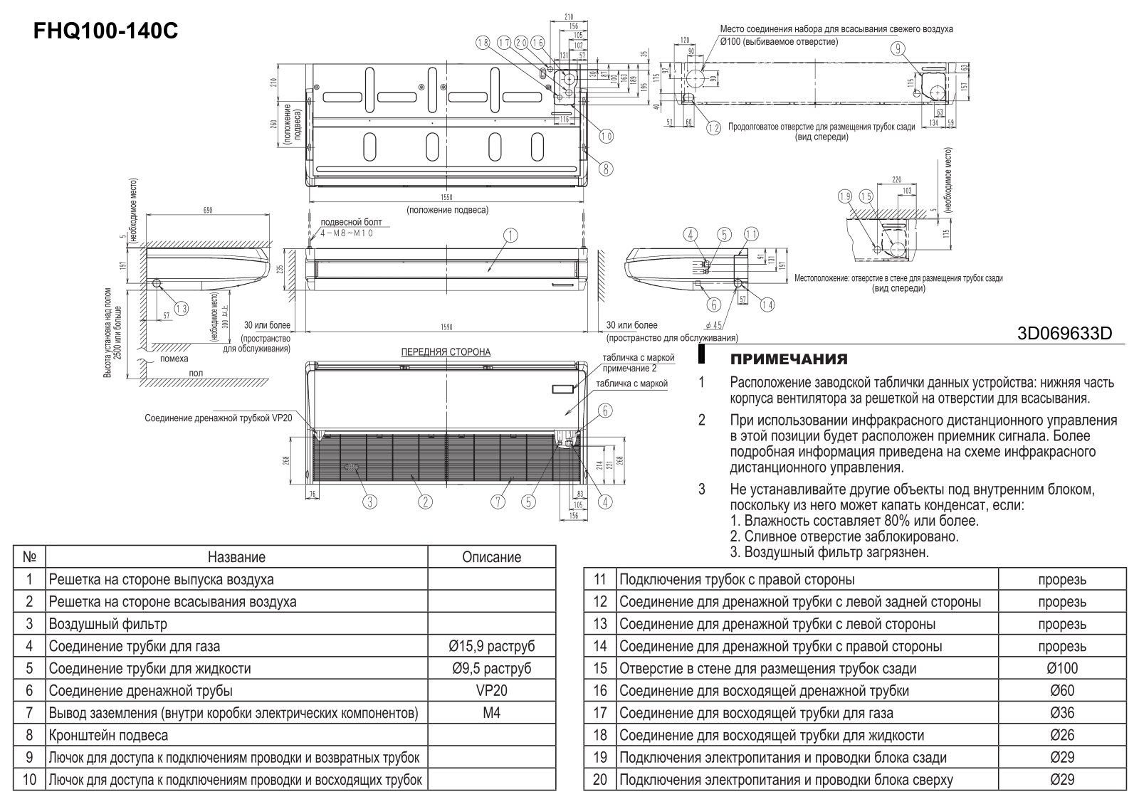 Daikin FHQ140C, FHQ125C, FHQ100C Drawing