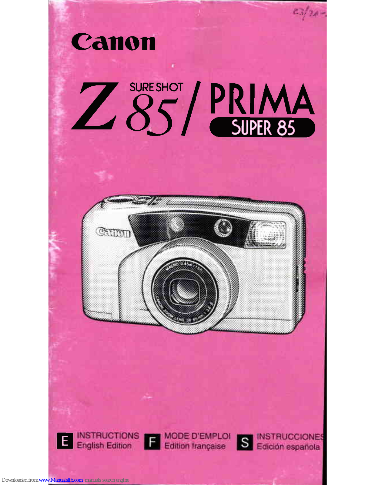 Canon Sure Shot Z85, Prima Super 85 Instructions Manual