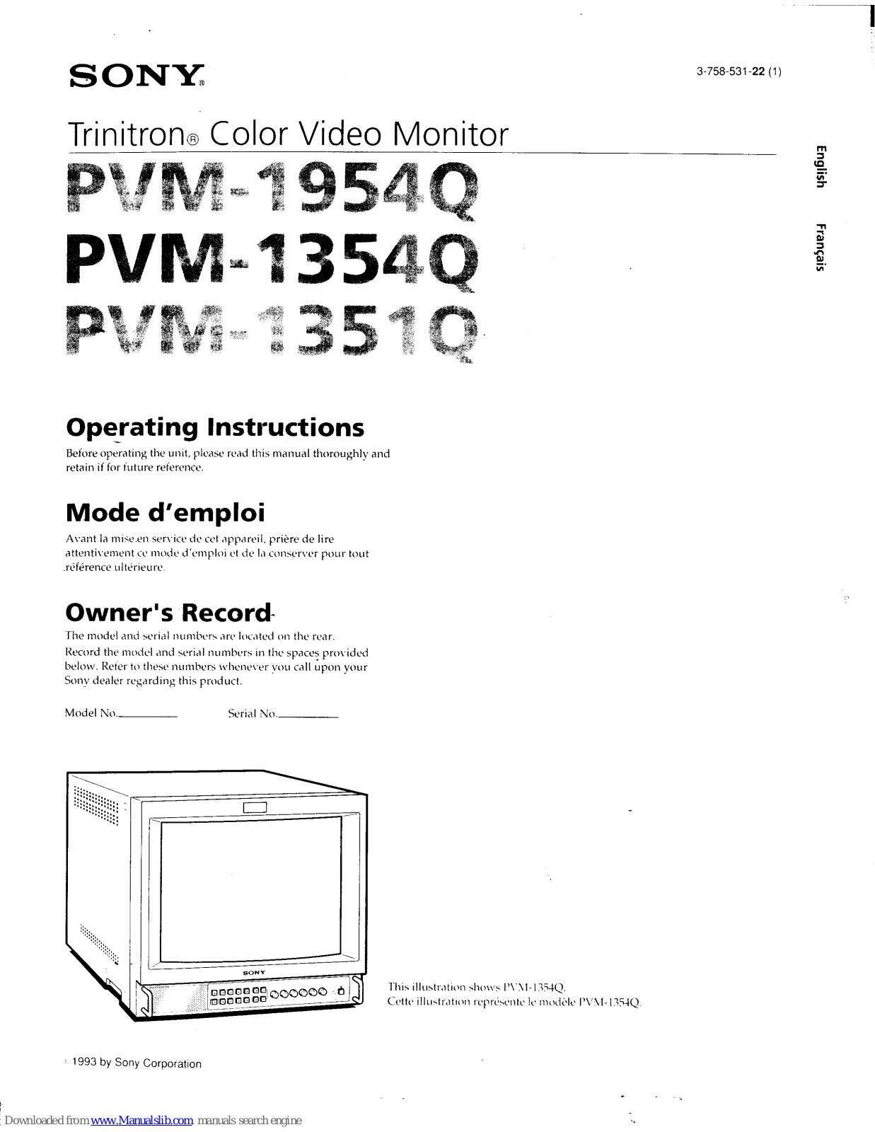 Sony Trinitron PVM-1351Q, Trinitron PVM-1354Q, Trinitron PVM-1954Q Operating Instructions Manual