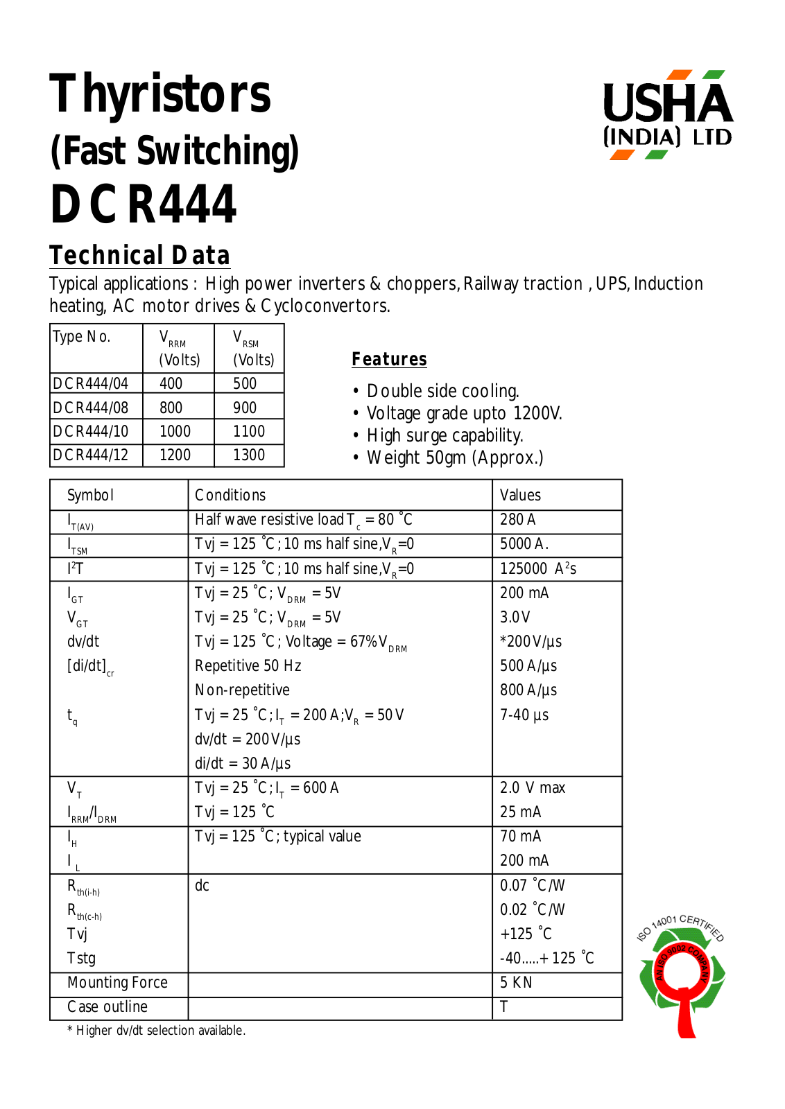 USHA DCR444-12, DCR444-10, DCR444-08, DCR444-04 Datasheet