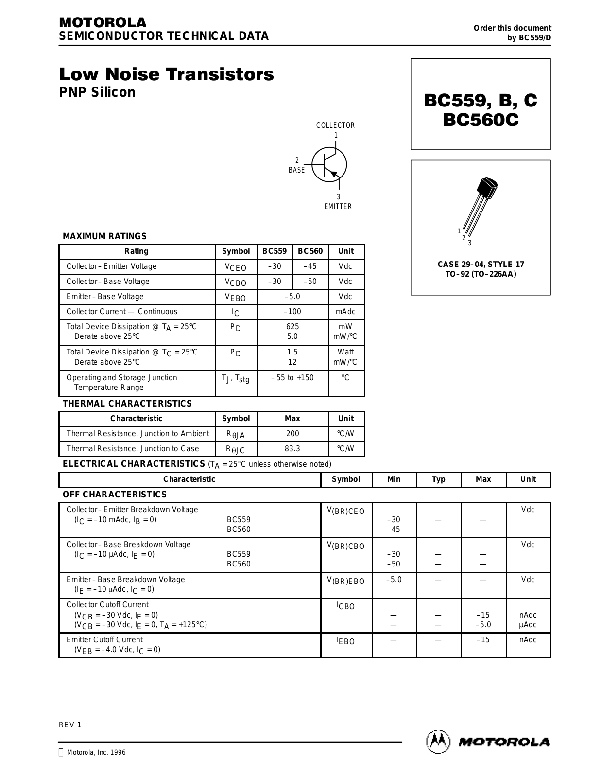 Motorola BC560C, BC559C, BC559B, BC559 Datasheet