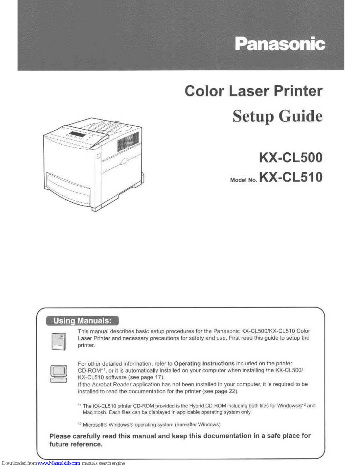 Panasonic Jetwriter KX-CL500, Jetwriter KX-CL500D, KX-CL510, KX-CL500 - WORKiO Color Laser Printer, KX-CL510 - WORKiO Color Laser Printer User Manual