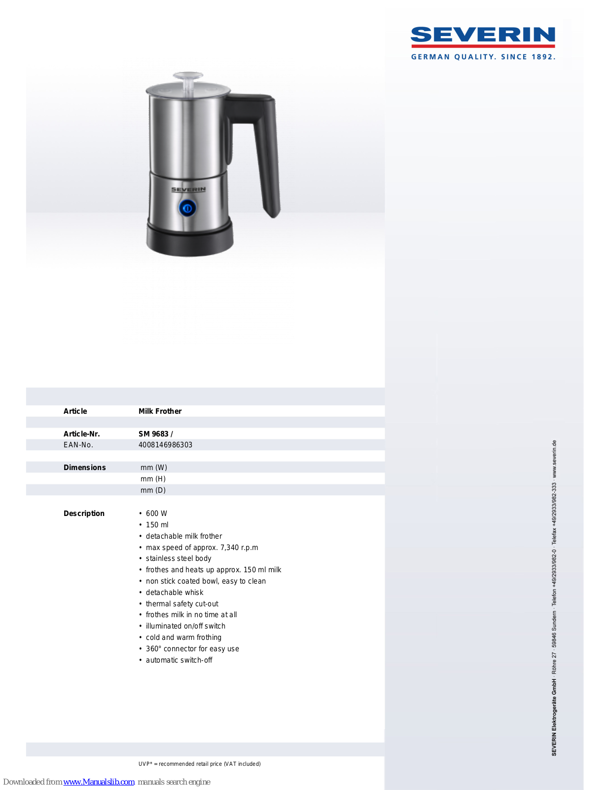 SEVERIN MILCHAUFSCHÄ, UMER SM 9683, SM 9683 Dimensions