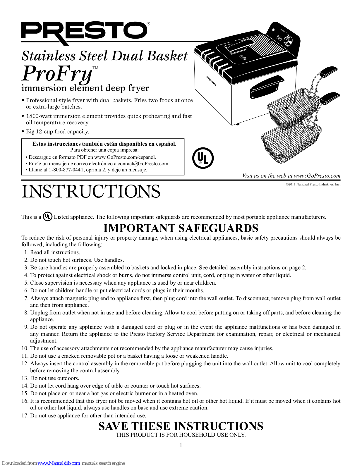 Presto ProFry immersion element deep fryer Instructions Manual