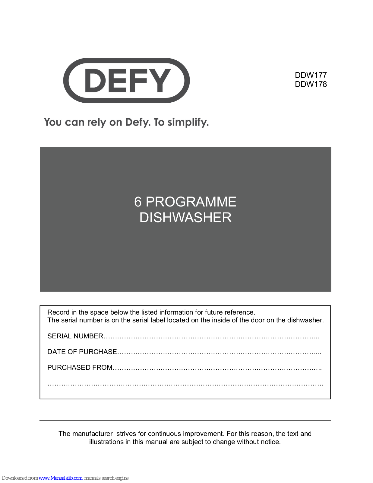 Defy DDW177, DDW178, DDW179, DDW175, DDW176 User Manual