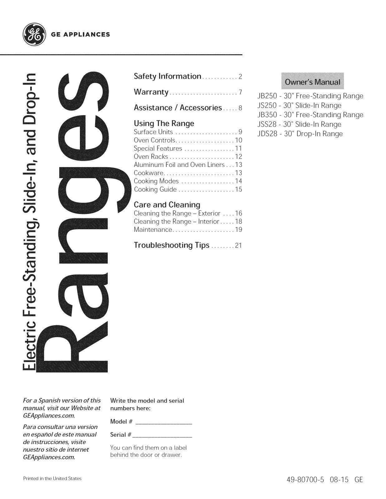 GE JB250RF5SS, JB250RF3SS, JB250RF4SS Owner’s Manual