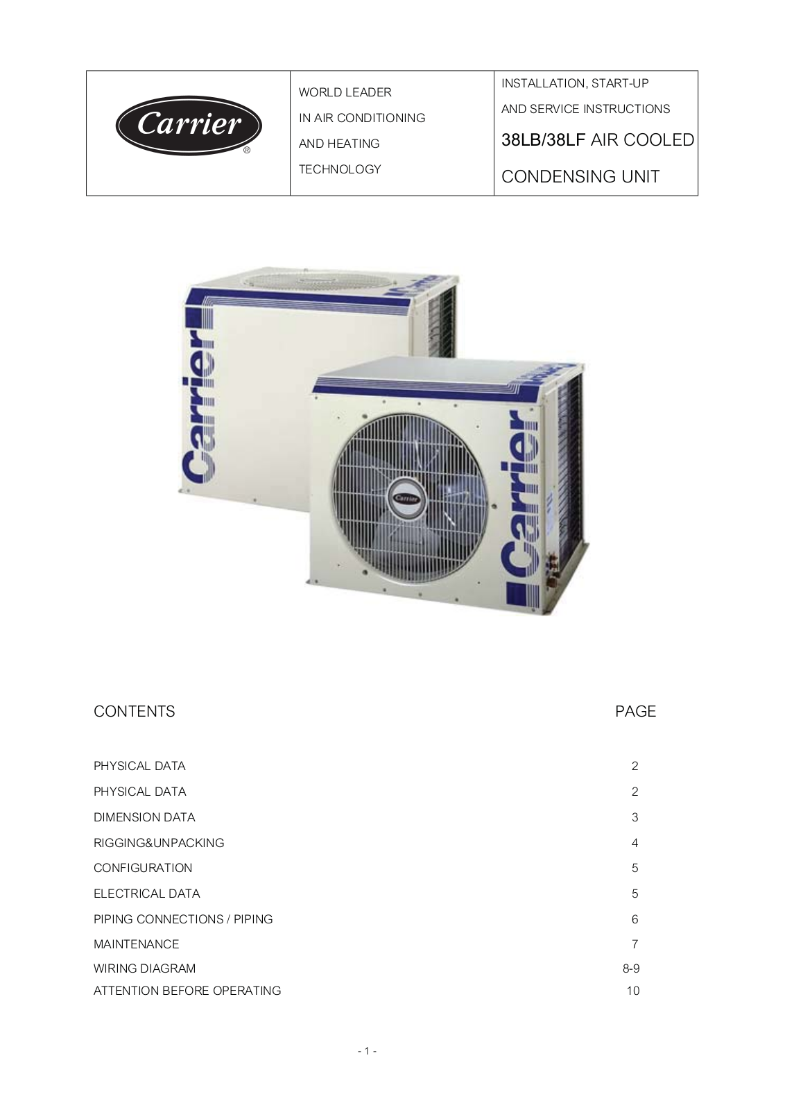 Carrier 38LF012, 38LF007, 38LF015, 38LB048SC, 38LB060SC Installation, Start-up And Service Instructions Manual