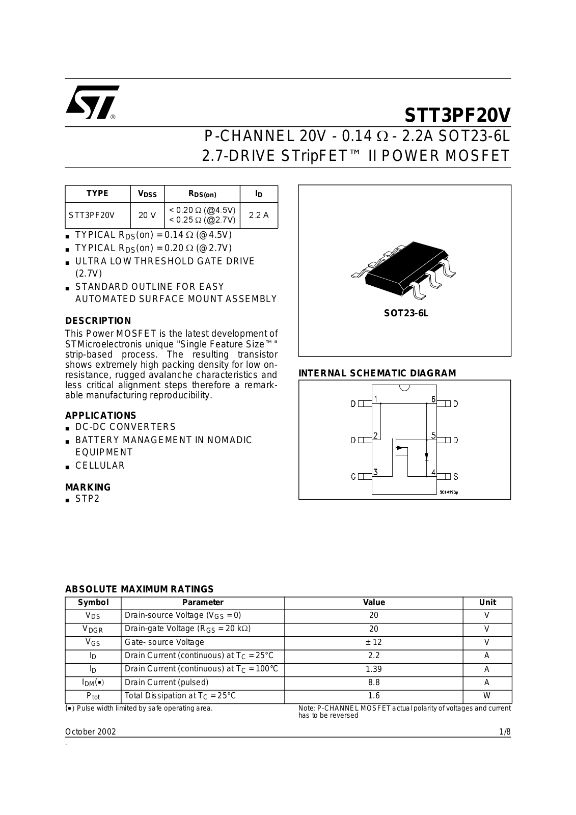 SGS Thomson Microelectronics STT3PF20V Datasheet