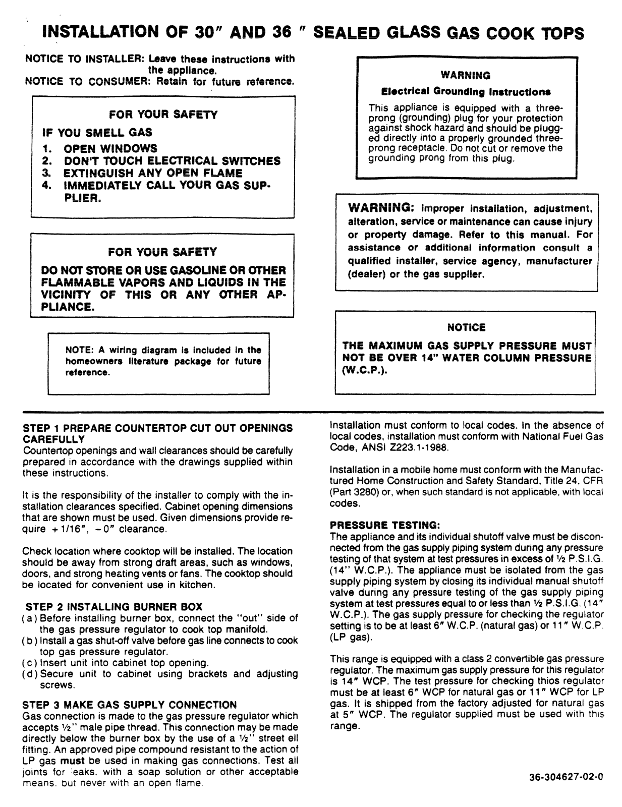 Amana PGT130UD, PGT136UD, PGT130UWW, PGT136UWW Installation Instructions