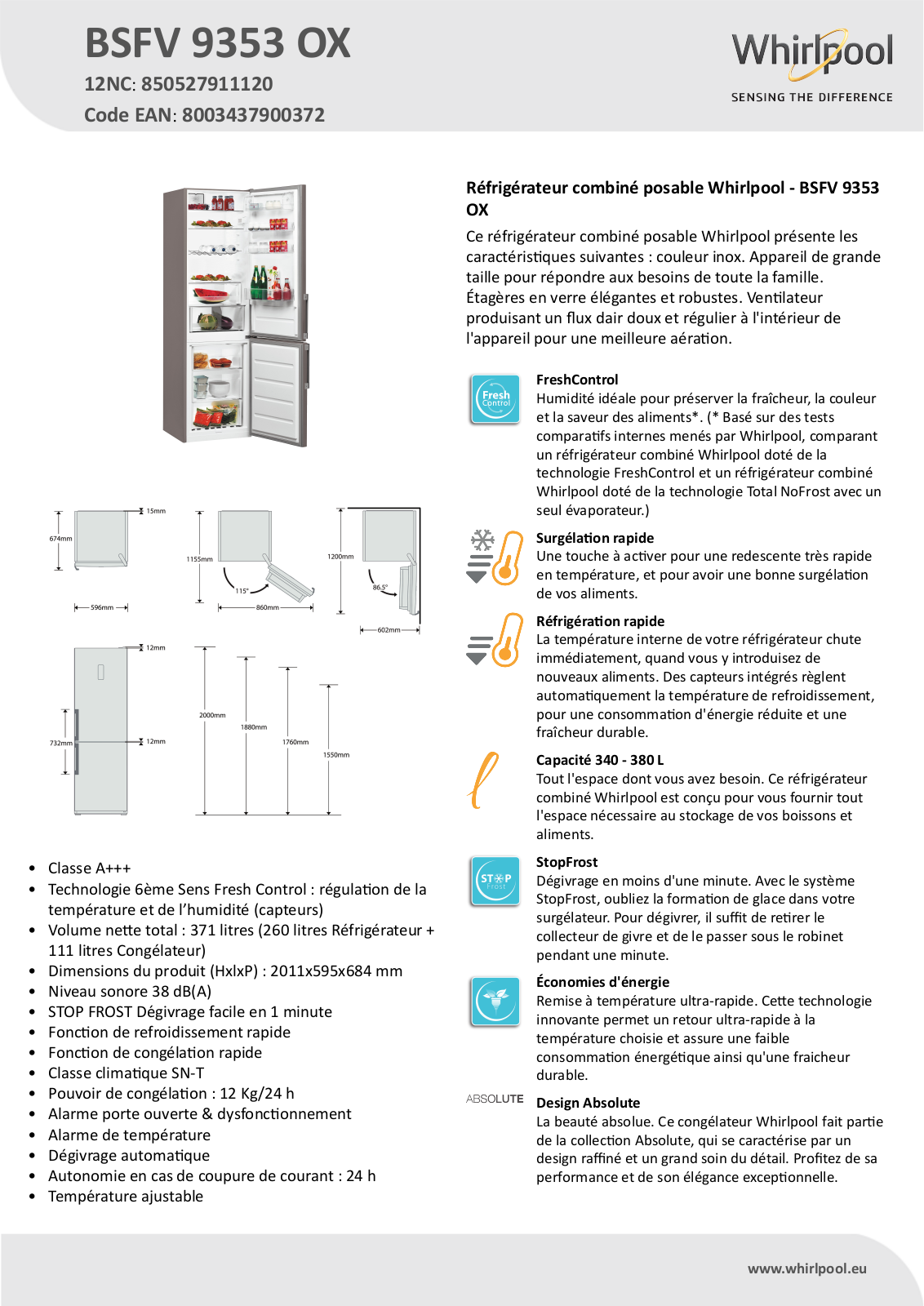 Whirlpool BSFV 9353 OX Product information