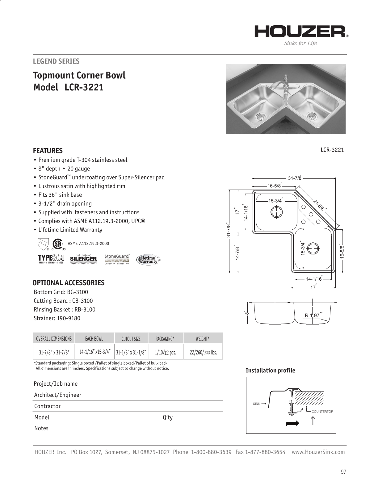 Houzer LCR32211 Specs