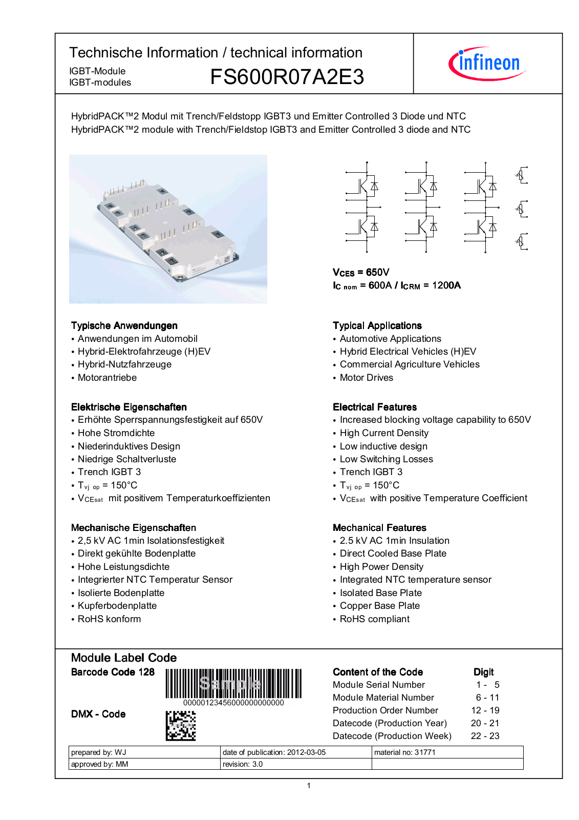 Infineon FS600R07A2E3 Data Sheet