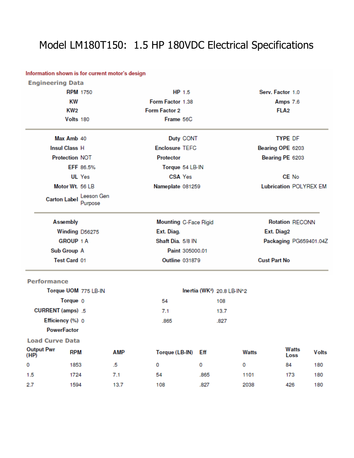 Dart Controls LM180T150 Technical Specifications