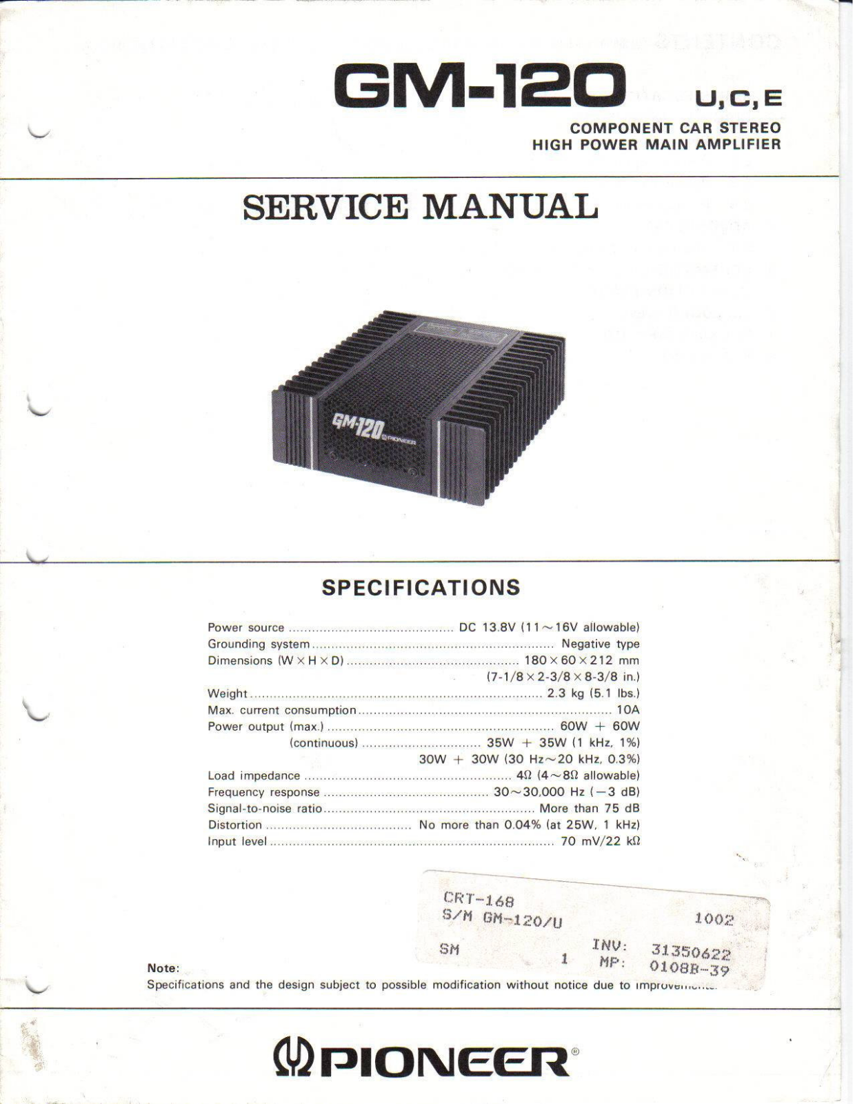 Pioneer GM-120 Service manual