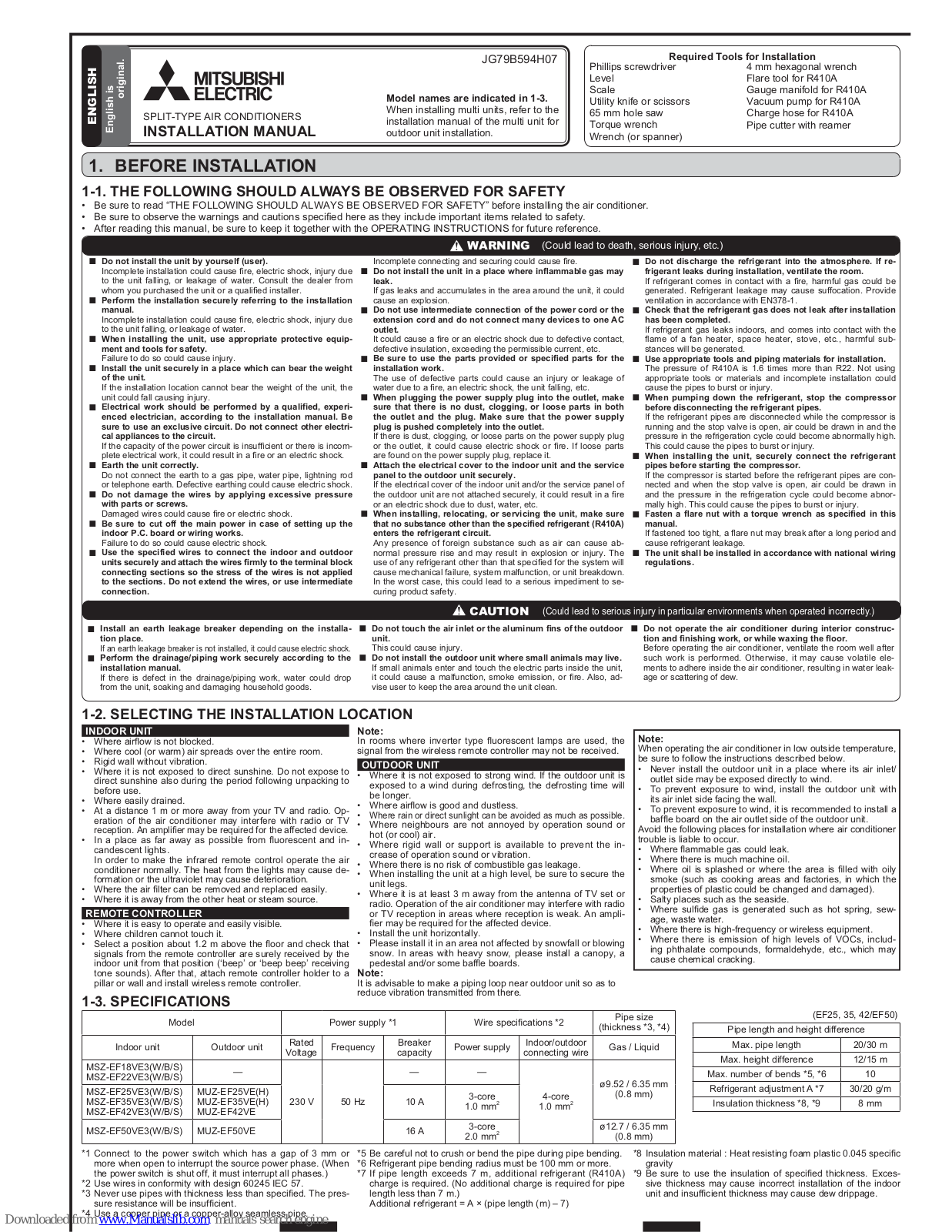 Mitsubishi Electric JG79B594H07 Installation Manual