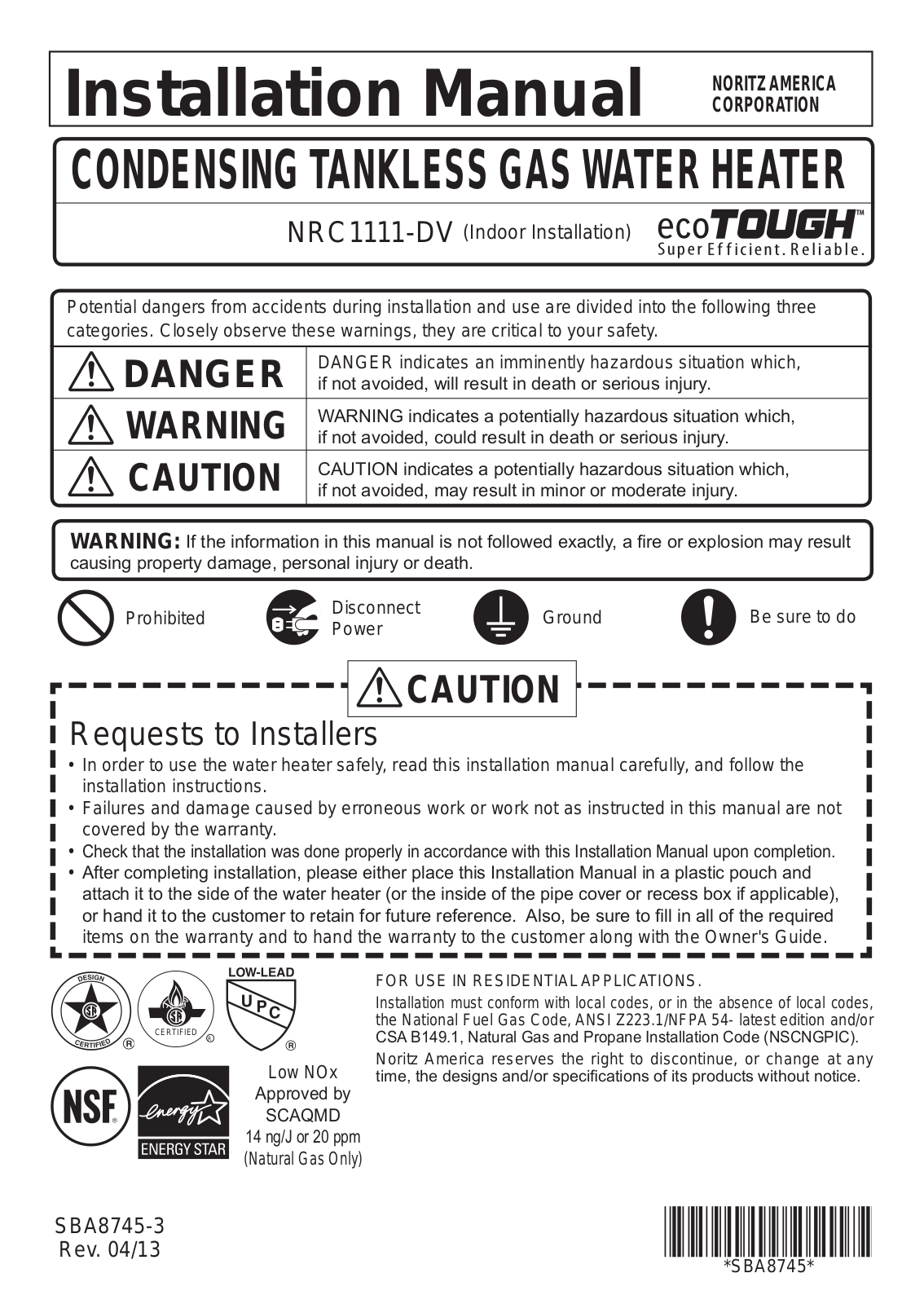 Noritz NRC1111-DV Installation  Manual