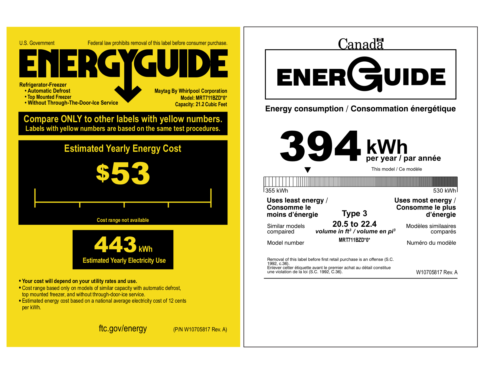 Maytag MRT711BZDM Energy Guide