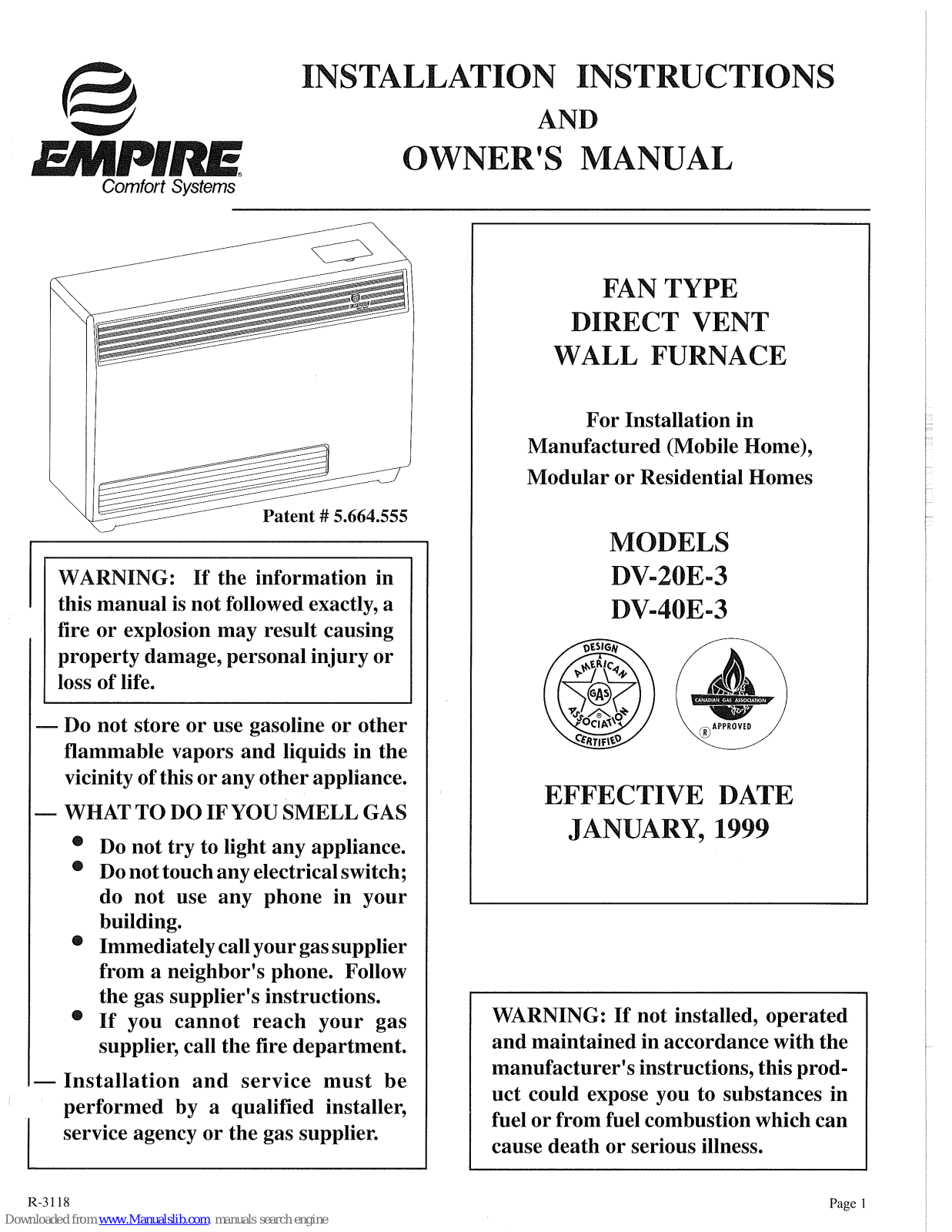 Empire Comfort Systems DV-20E-3, DV-40E-3 Installation Instructions And Owner's Manual