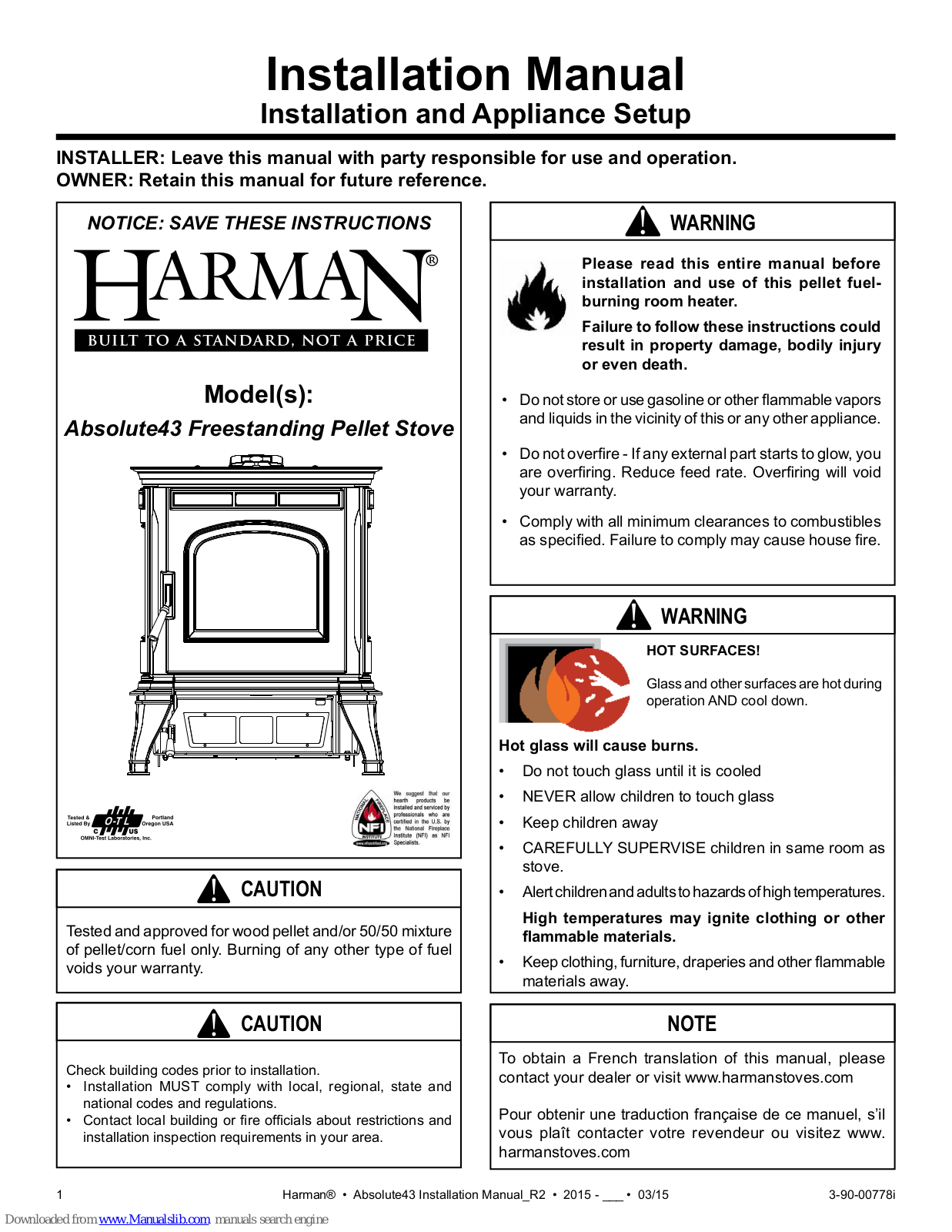 Harman Absolute43 Freestanding Pellet Stove Installation Manual