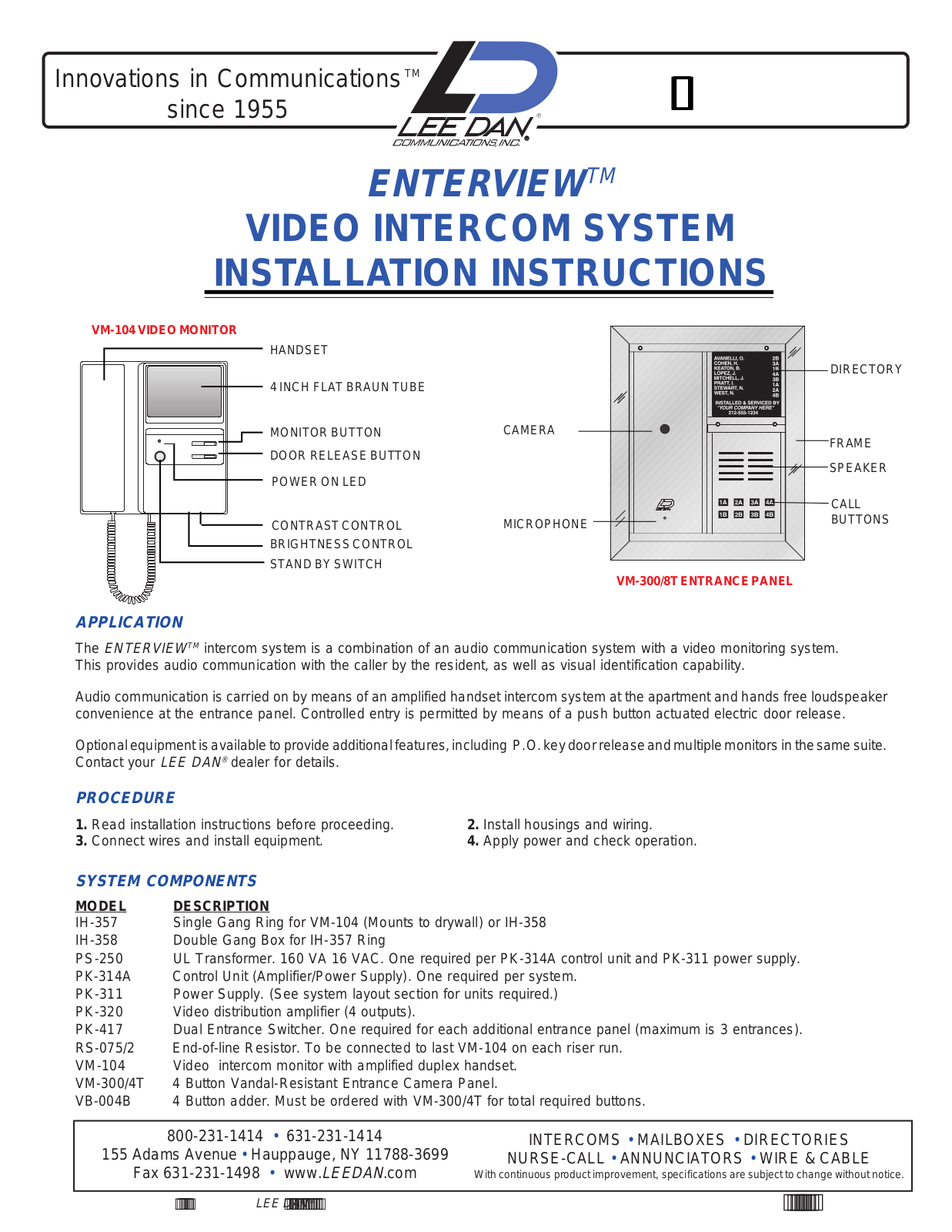 lee dan IH-358, VM-104, PS-250, PK-314A, PK-311 Installation Instructions Manual - ManualMachine.com