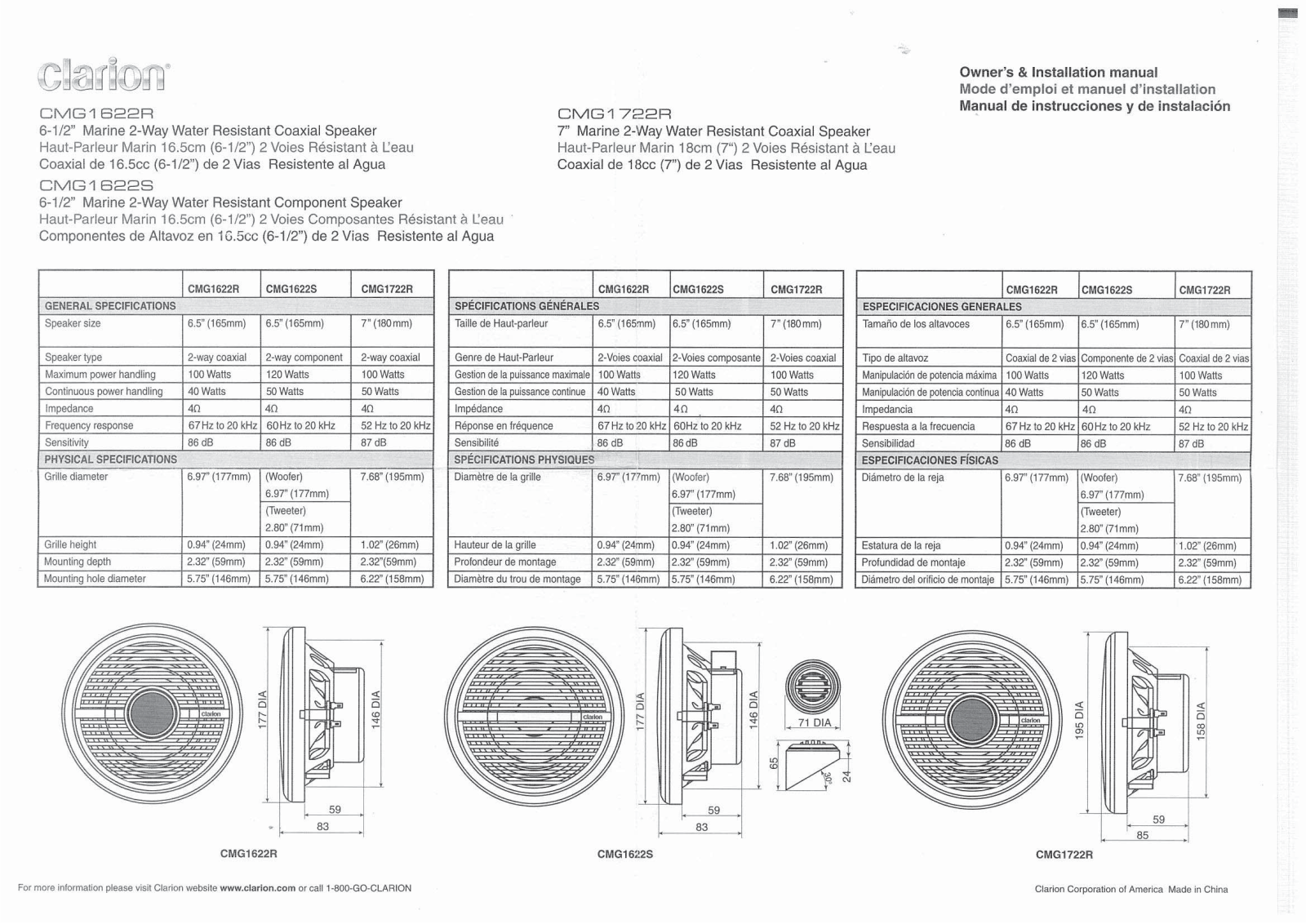 Clarion CMG1622R, CMG1722R, CMG1622S User guide