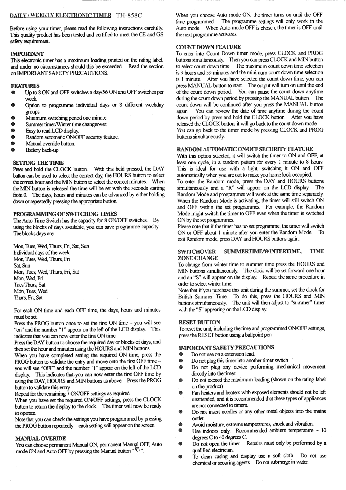 Safeway DIGITAL TIMER PLUG, TH-858C DIGITAL TIMER PLUG, TH-858C User Manual