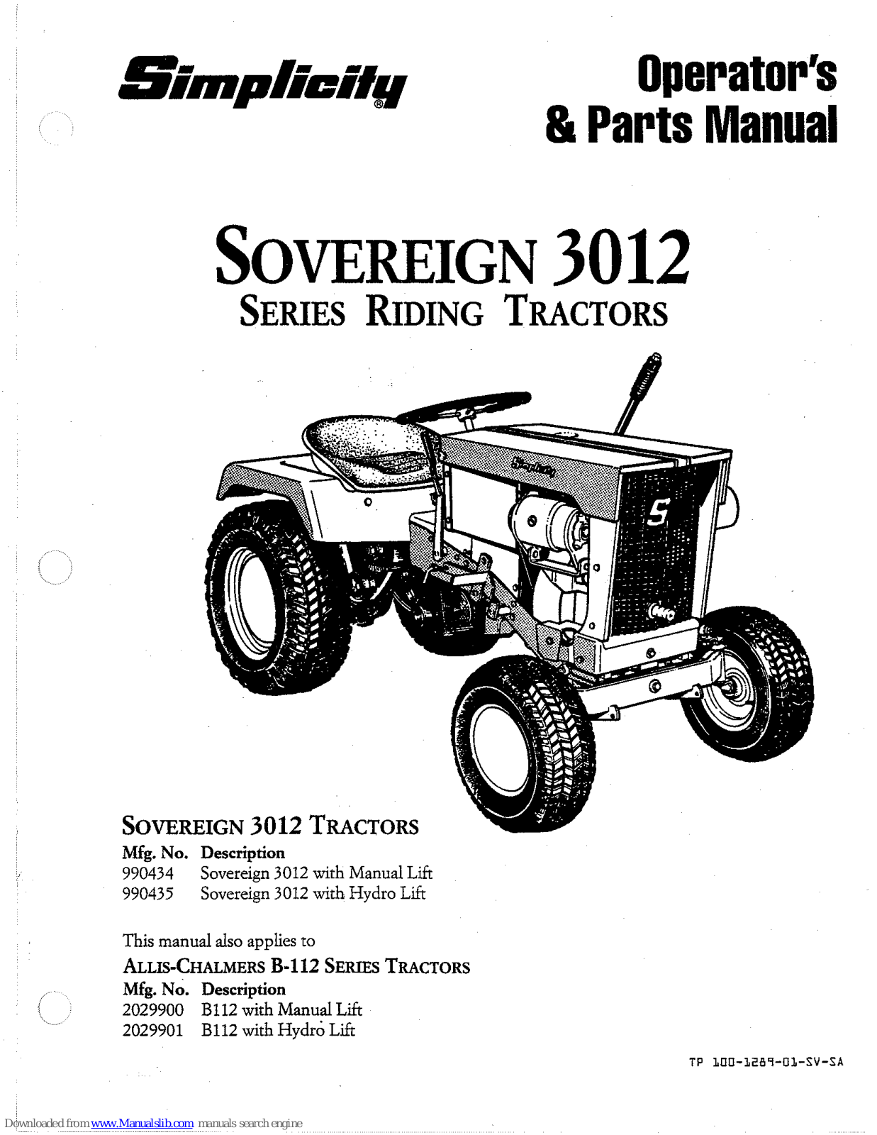 Simplicity Sovereign 3012 Series, 990434, 990435, 2029900, 2029901 Operator's & Parts Manual