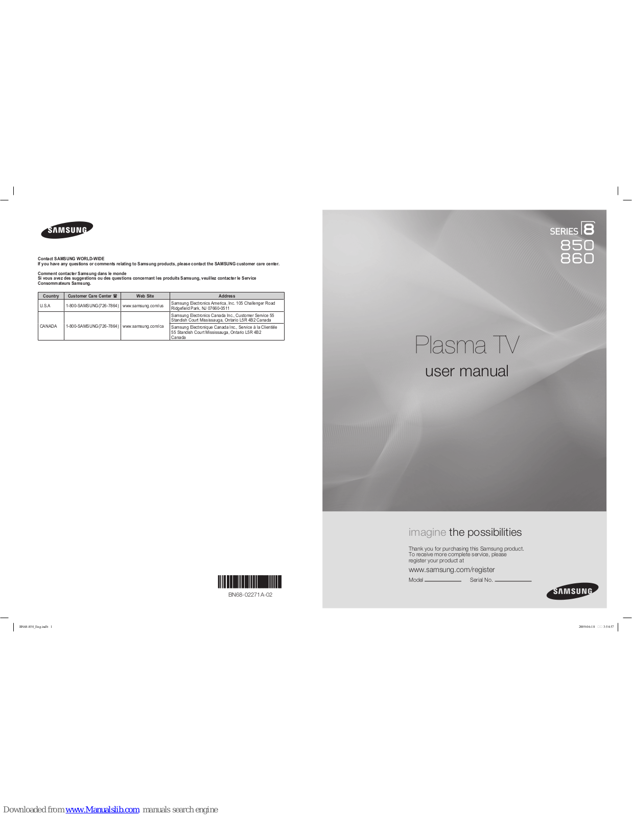 Samsung 850 series, 860 series, PN50B850Y1F, PN50B860Y2F, PN58B850Y1F User Manual