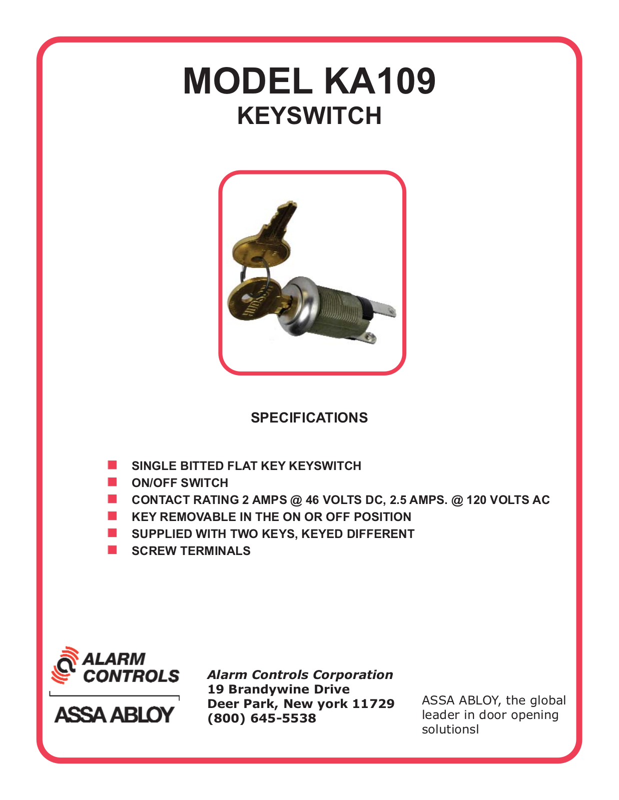 Alarm Controls KA-109 Specsheet