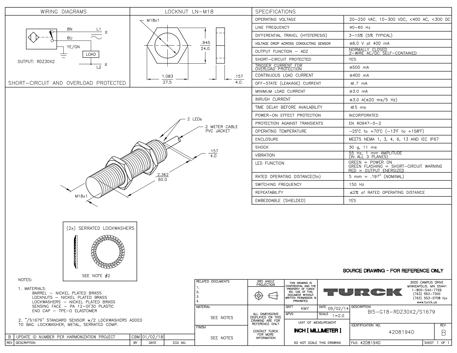 Turck BI5-G18-RDZ30X2/S1679 Data Sheet