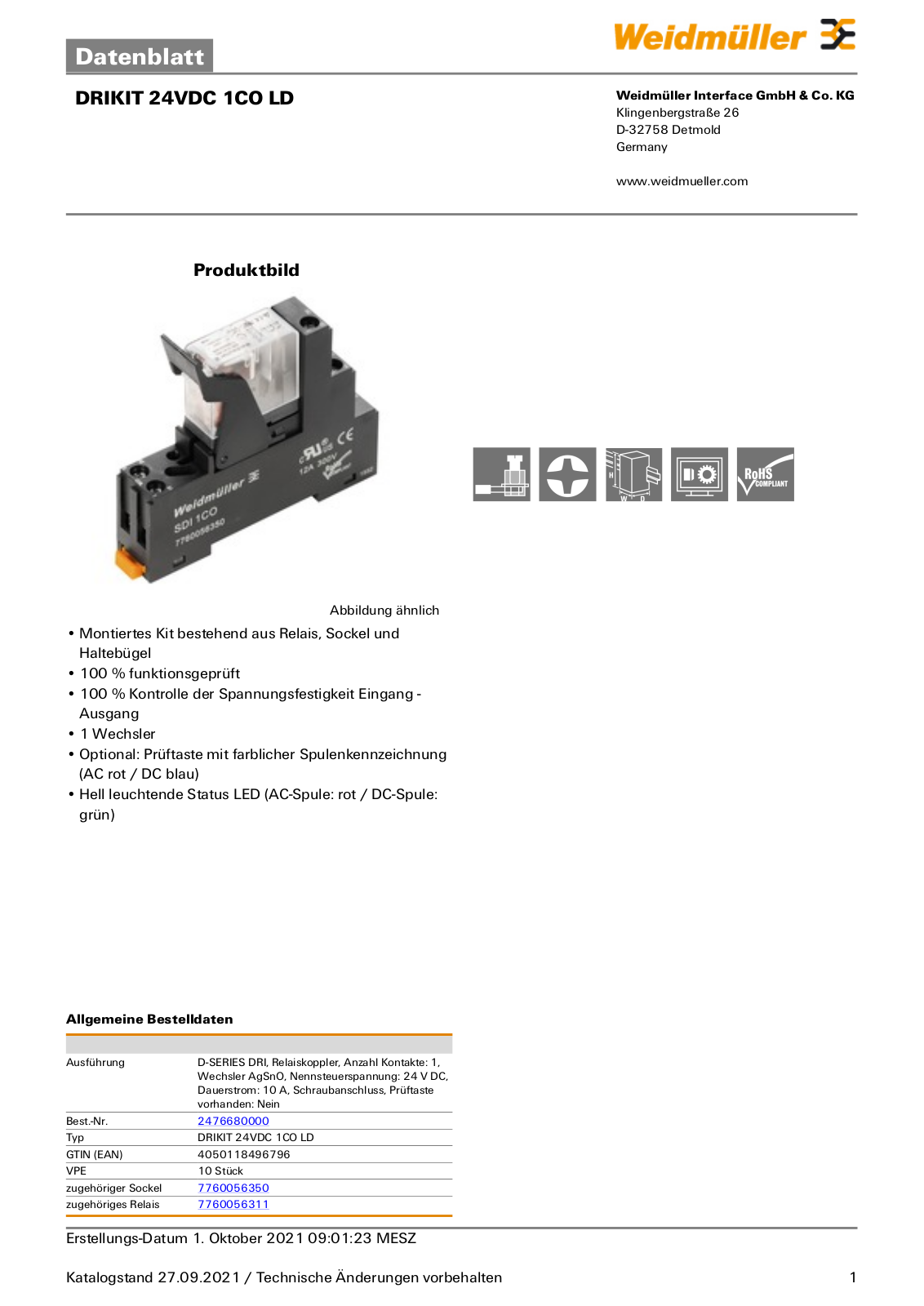 WEIDMÜLLER DRI 24VDC 1CO Datasheet