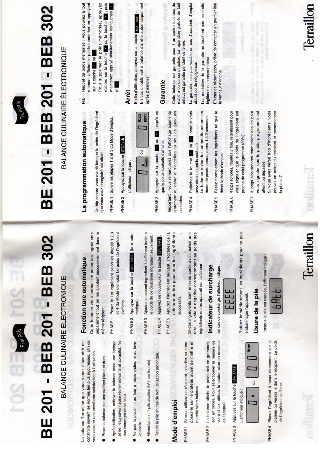 TERRAILLON BE 201, BEB 201, BEB 302 User Manual